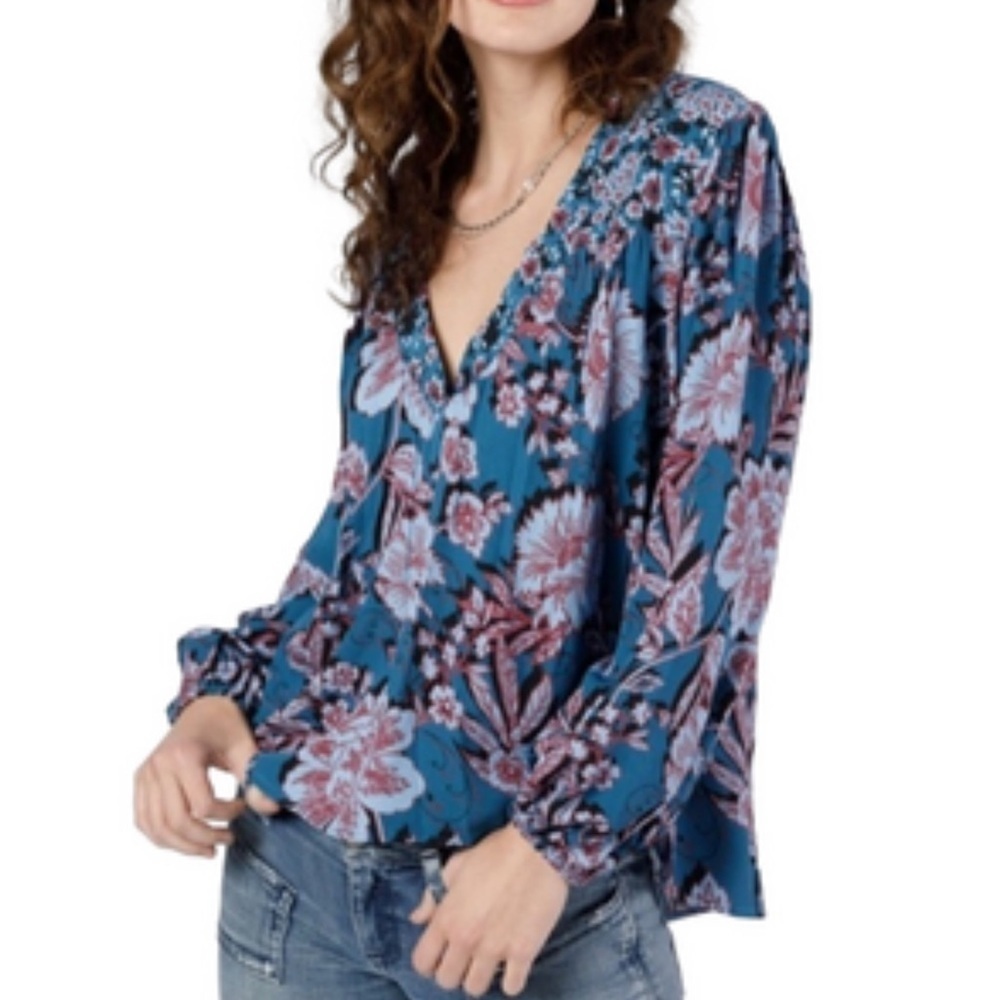 NWT S BAND OF THE FREE Josie sapphire floral long sleeve oversized peasant top